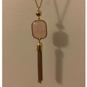 Gold Necklace with Pink Stone and Tassel 28" Round